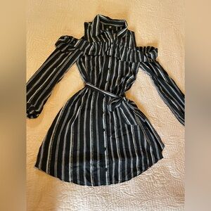 Iz Byer Black and White Striped Cold-Shoulder Shirt Dress